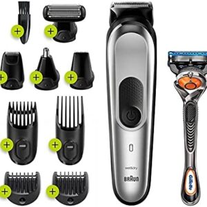 ماكينة MGK7220 تشذيب اللحية الكل في واحد  من براون، ماكينة تشذيب 10 في 1 مع 8 ملحقات وماكينة حلاقة جيليت فيوجن 5 بروجلايد