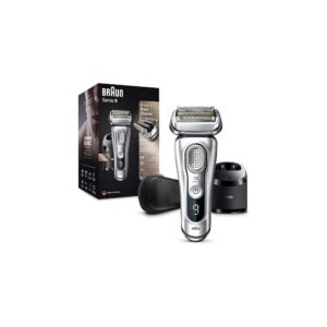 Braun Series 9 9390cc Wet & Dry Shaver with Clean & Charge Station and Leather Travel Case, Silver