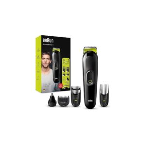 Braun 6-in-1 All-in-one Trimmer 3 MGK3221, Hair Clipper and Beard Trimmer with Lifetime Sharp Blades, Ear & Nose Trimmer Head, 5 Attachments, Black/Volt Green, EU 2 Pin Bathroom Plug