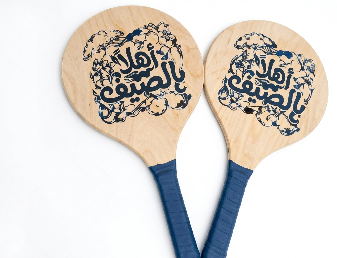 طقم مضارب شاطئ خشبية (زوج مضارب) – مضارب راكيت كلاسيكية مطبوعة بعبارات ترحيبية بالصيف - الصورة 3